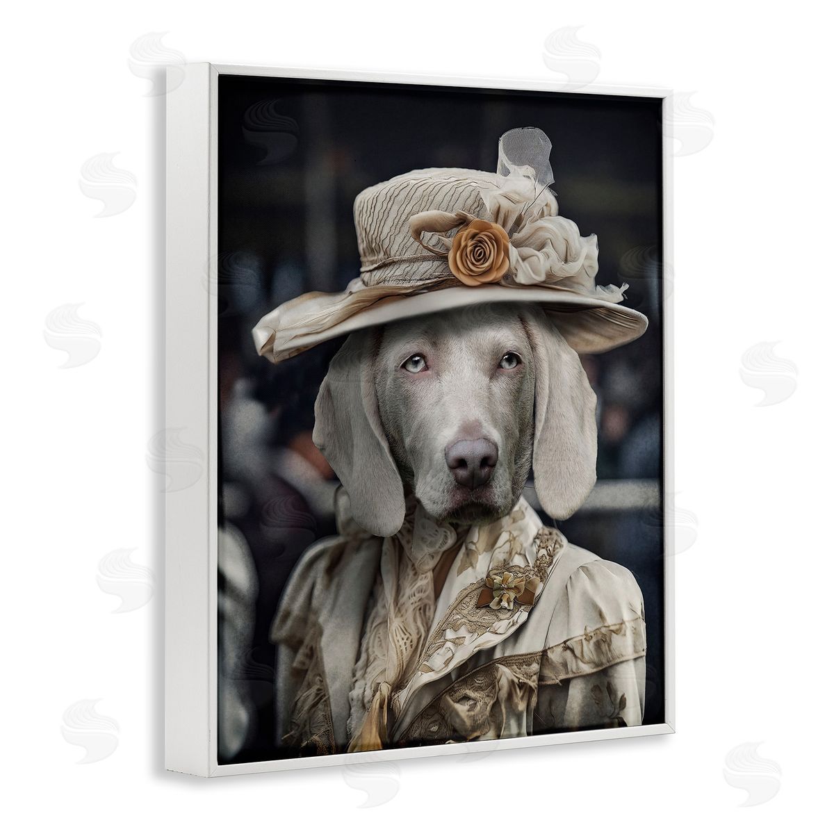 Dog with Floral Hat White Frame Print Wall Art, Home Decor by Karen Burke