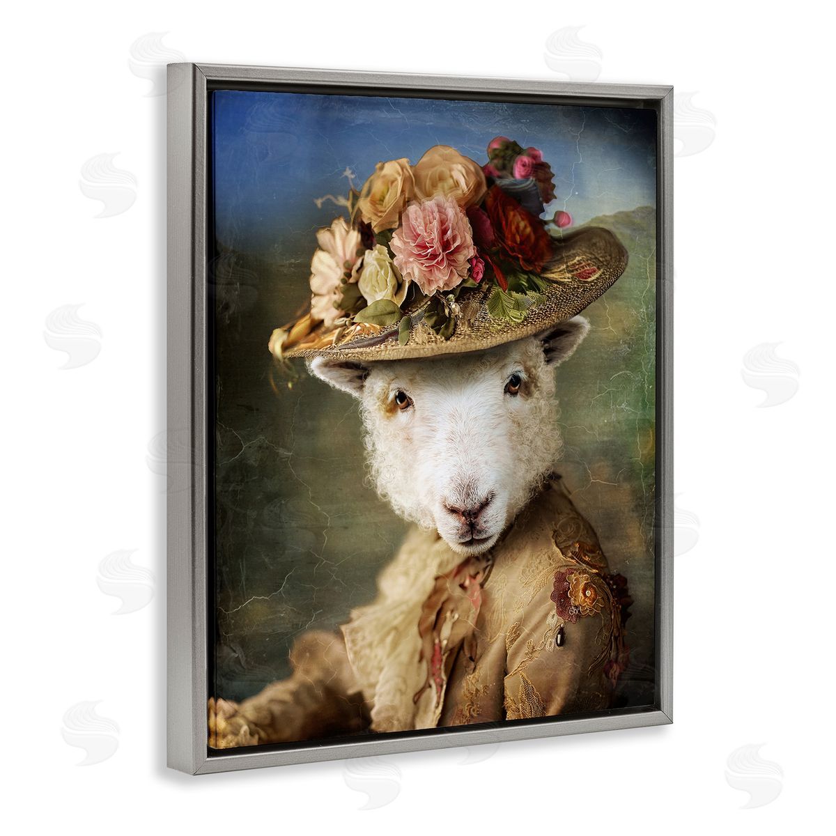 Lamb with Floral Hat Grey Floating Frame Canvas Wall Art, Home Decor by Karen Burke