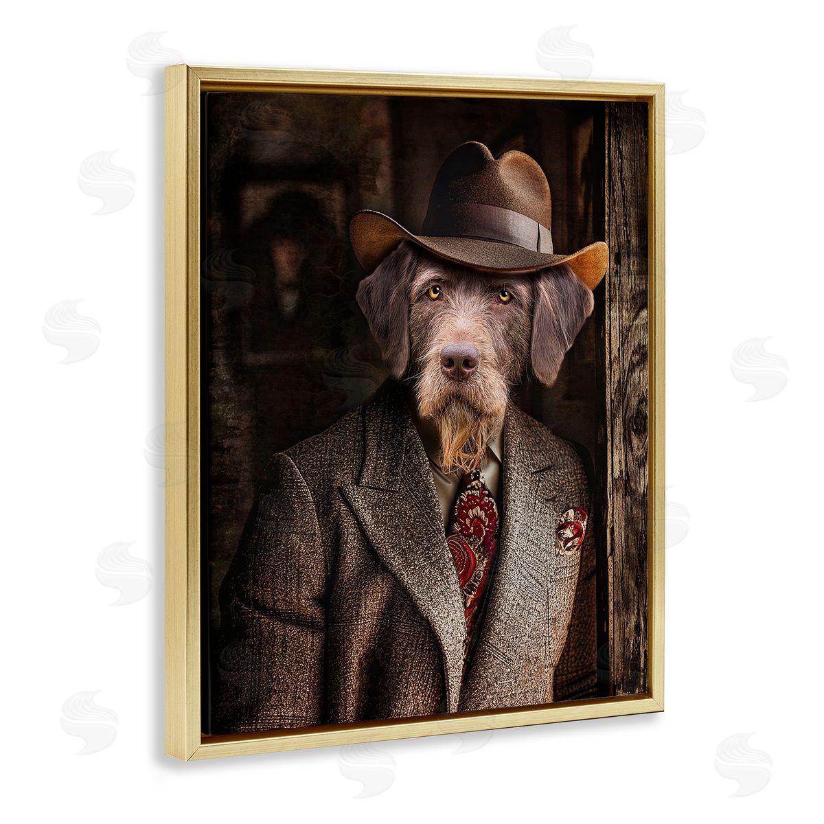 Classic Dog in Suit Gold Floating Frame Canvas Wall Art, Home Decor by Karen Burke