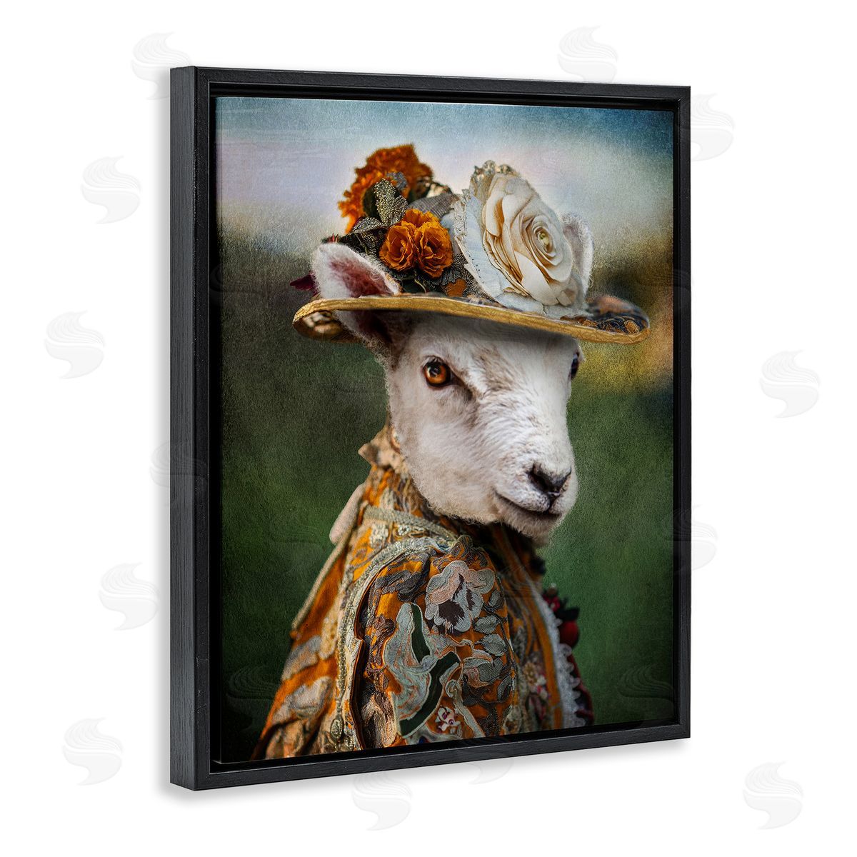 Fashionable Sheep Portrait Black Floating Frame Canvas Wall Art, Home Decor by Karen Burke