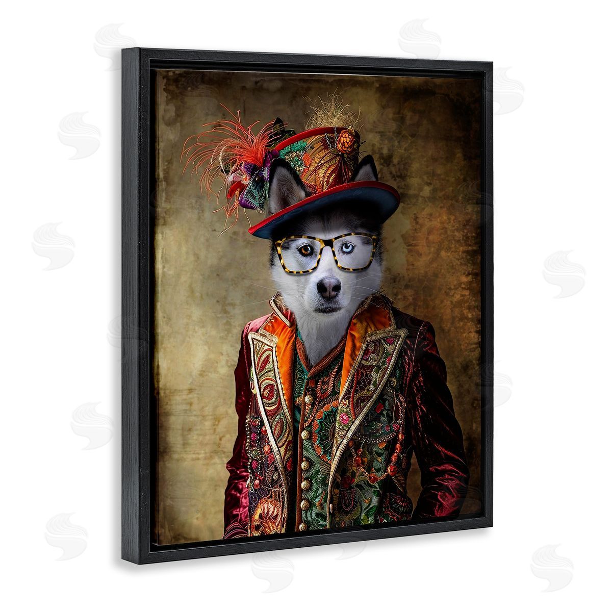Husky Dog Eclectic Suit Black Floating Frame Canvas Wall Art, Home Decor by Karen Burke