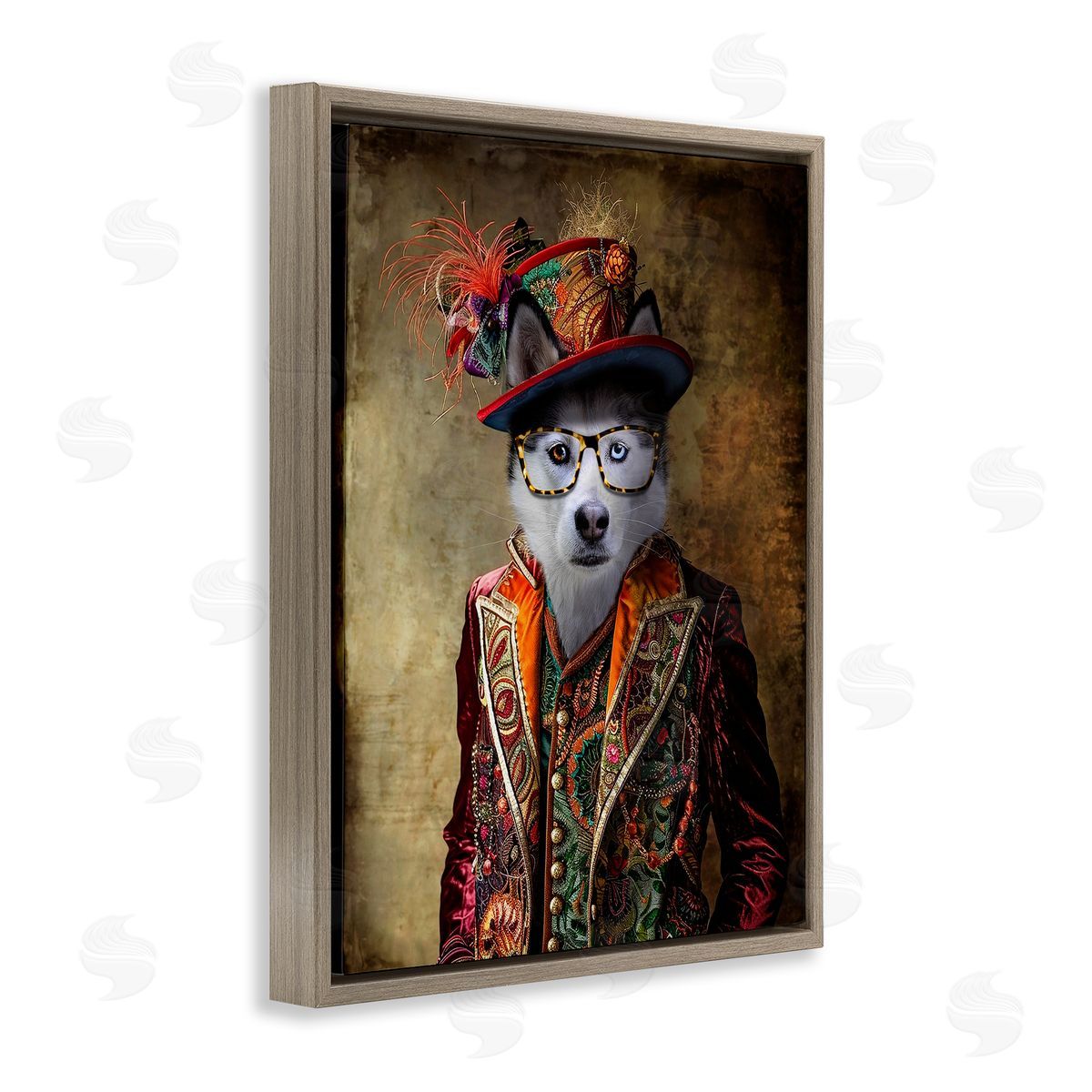 Husky Dog Eclectic Suit Brown Floating Frame Canvas Wall Art, Home Decor by Karen Burke