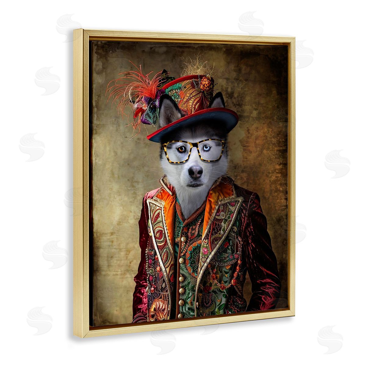 Husky Dog Eclectic Suit Gold Floating Frame Canvas Wall Art, Home Decor by Karen Burke