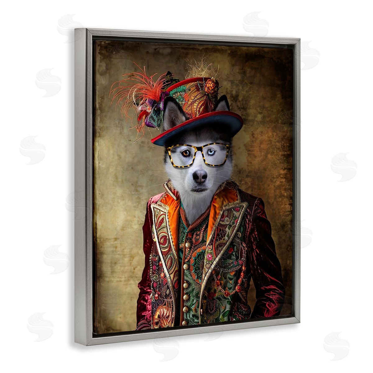 Husky Dog Eclectic Suit Grey Floating Frame Canvas Wall Art, Home Decor by Karen Burke
