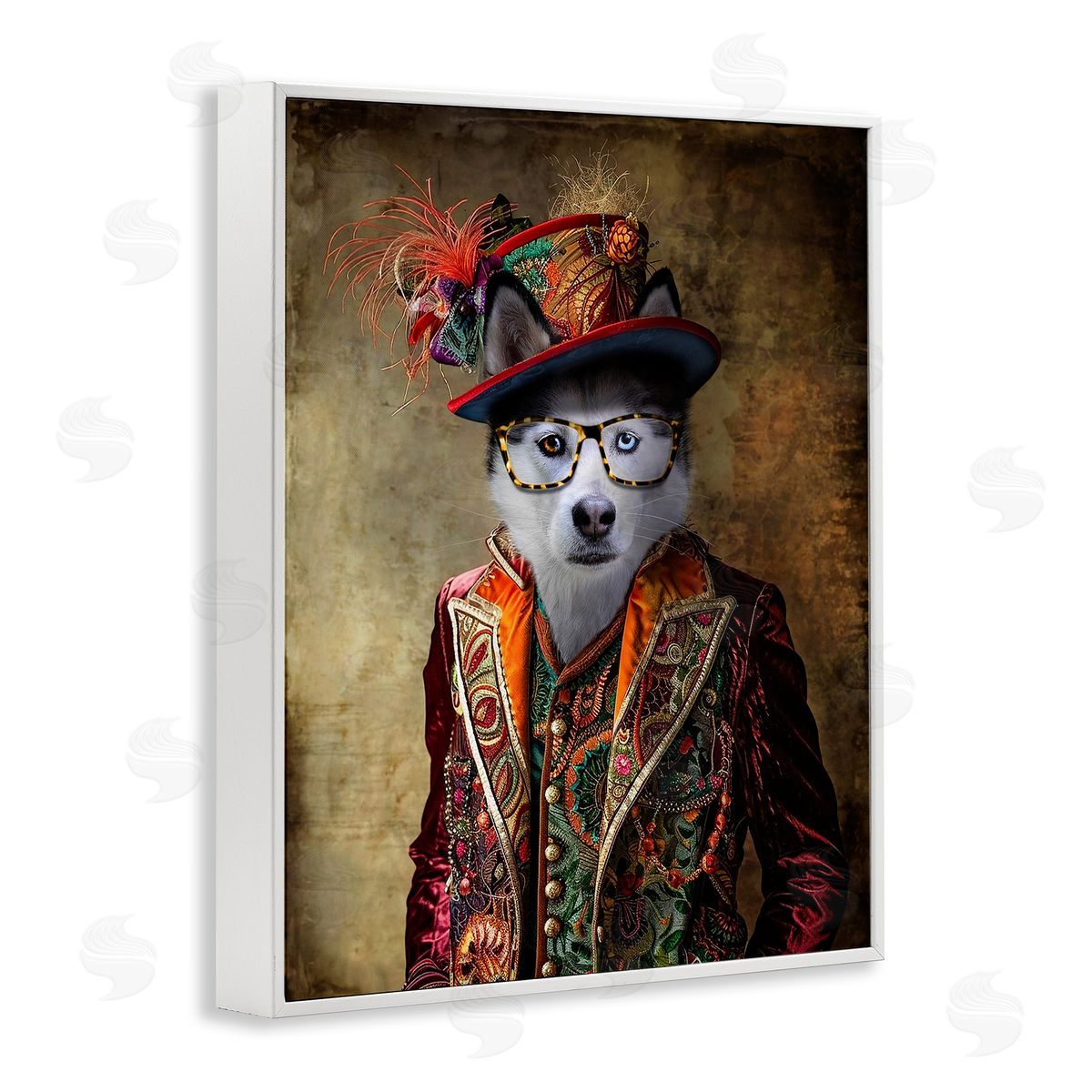 Husky Dog Eclectic Suit White Frame Print Wall Art, Home Decor by Karen Burke