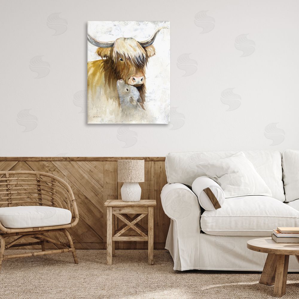 Kelley Talent Neutral Longhorn & Calf Canvas Wall Art Print in Room