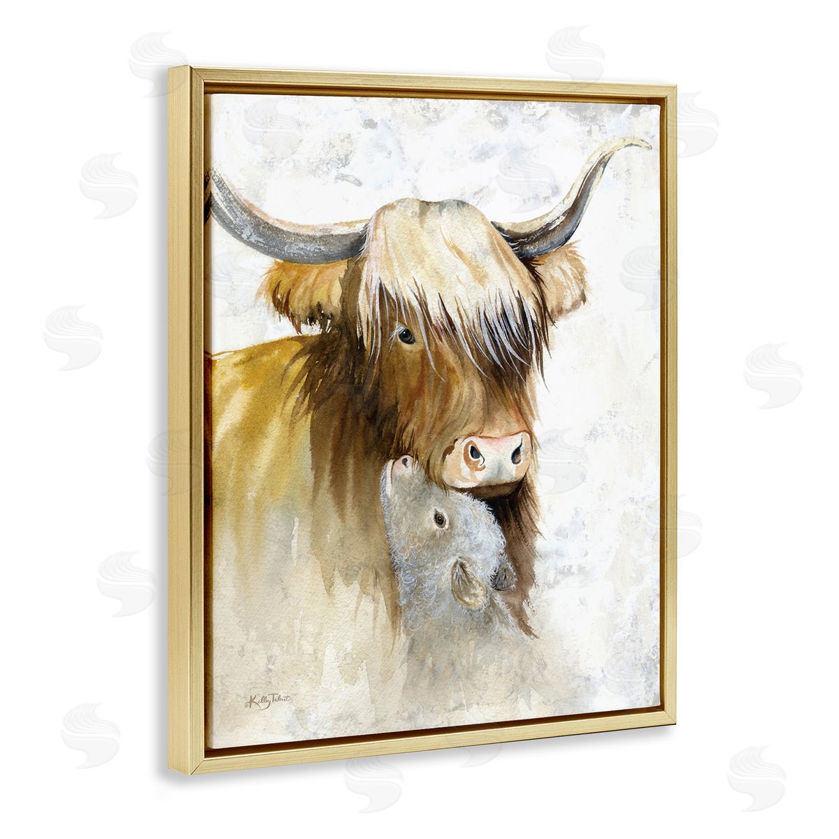 Kelley Talent Neutral Longhorn & Calf Gold Floating Frame Canvas Wall Art Print