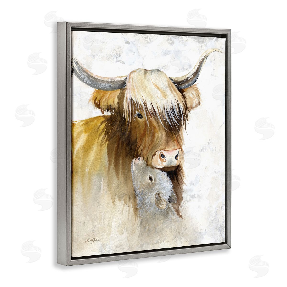 Kelley Talent Neutral Longhorn & Calf Gray Floating Frame Canvas Wall Art Print