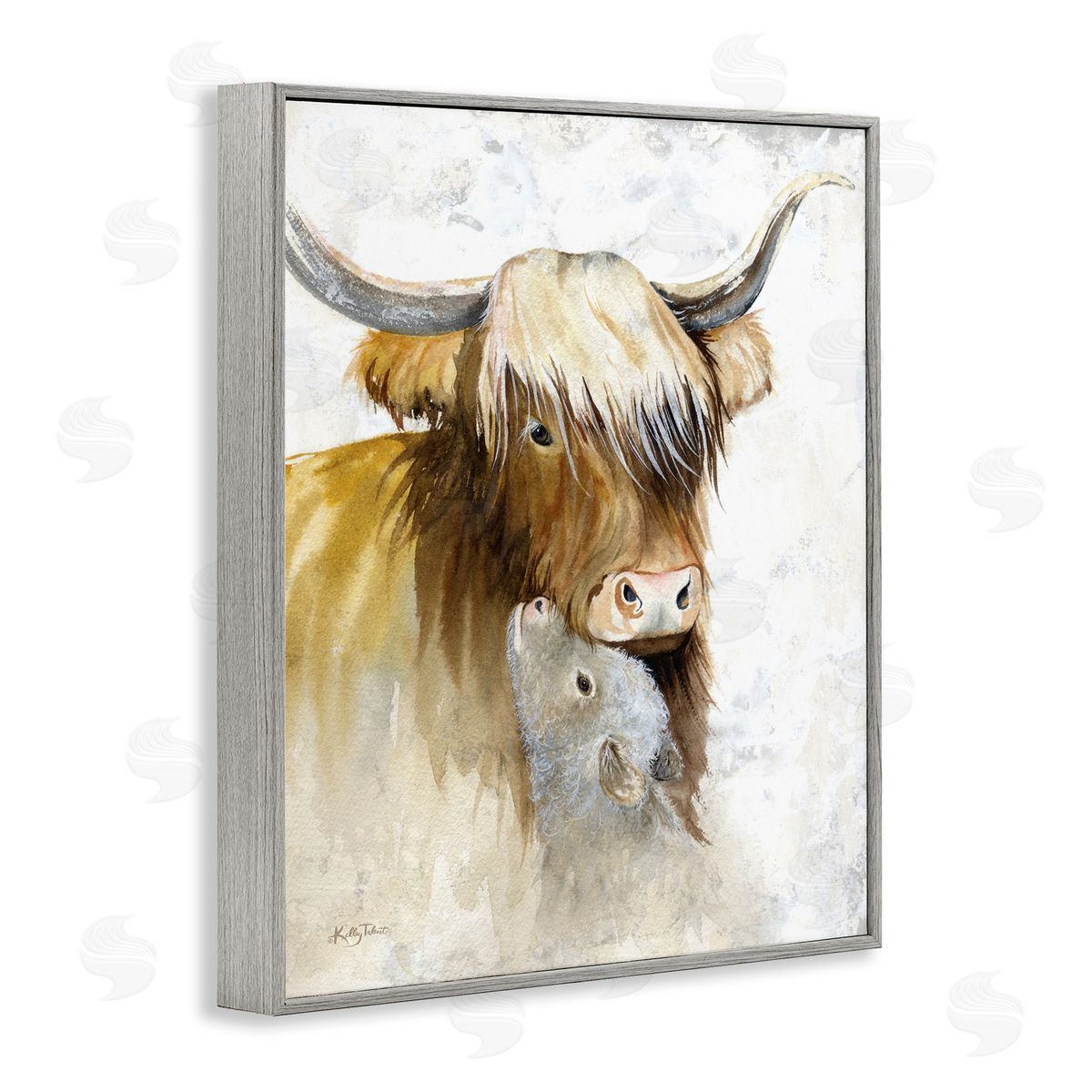 Kelley Talent Neutral Longhorn & Calf Gray Framed Giclee Wall Art Print