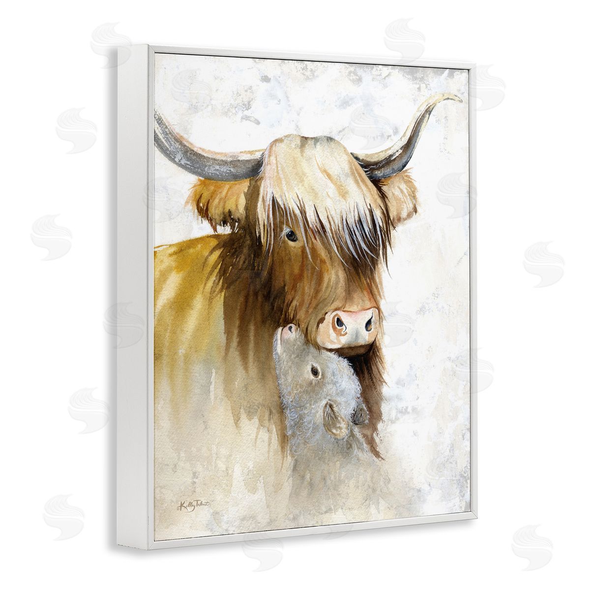 Kelley Talent Neutral Longhorn & Calf White Framed Giclee Wall Art Print