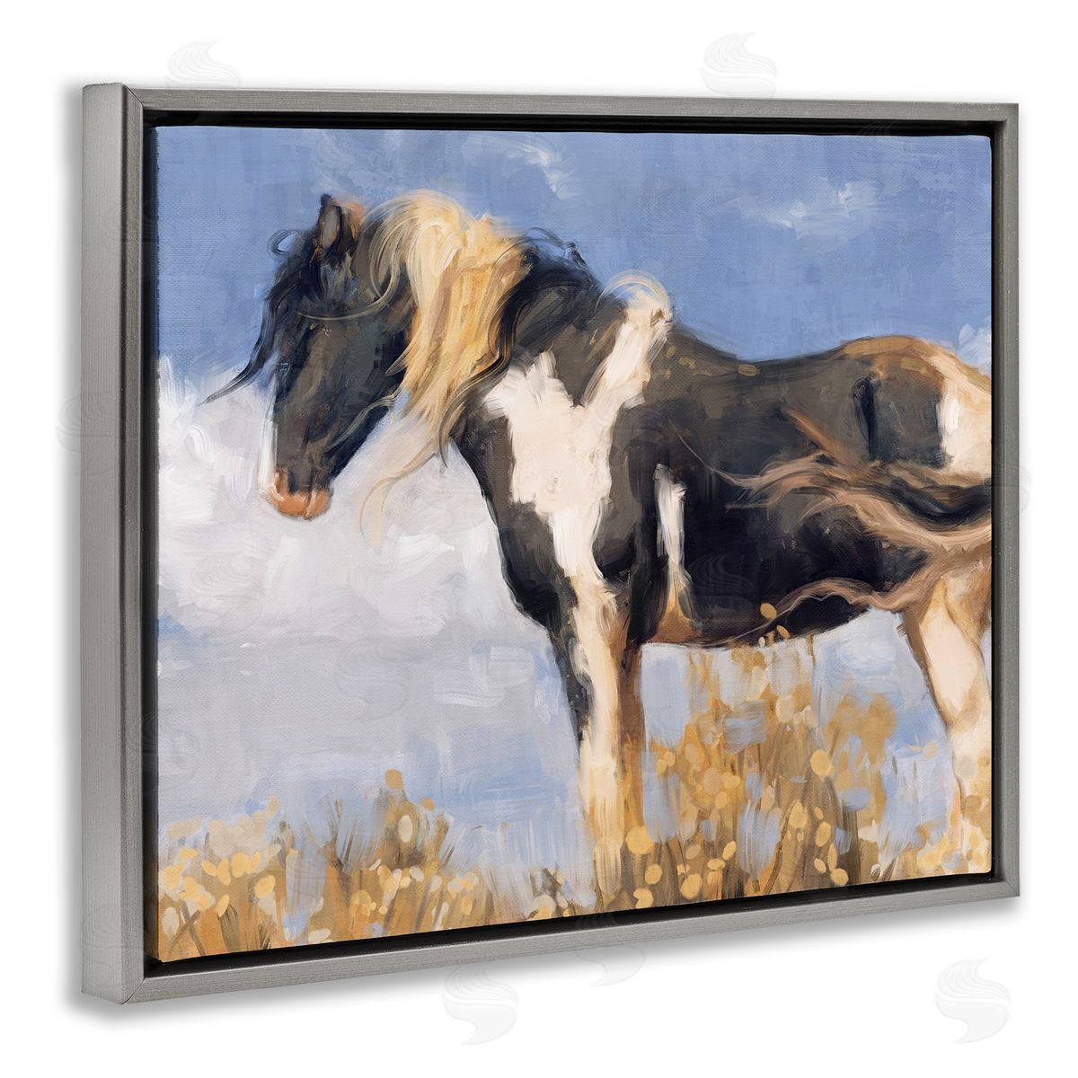 Traditional Windswept Stallion Grey Floating Frame Canvas Wall Art, Home Decor by Nina Blue
