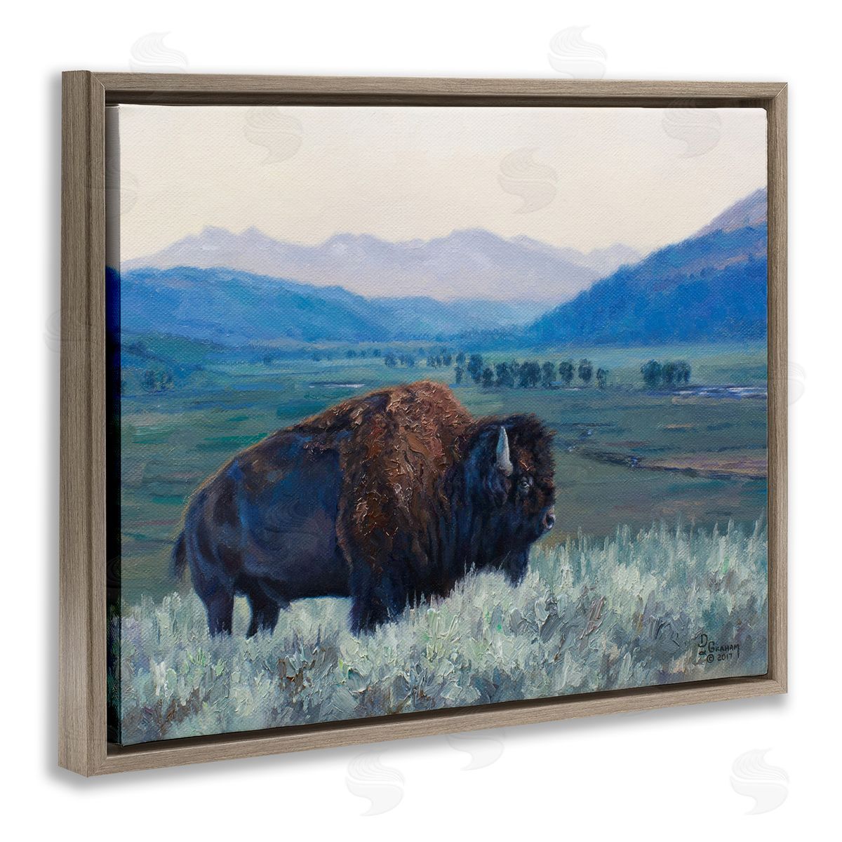 Bison and Country Mountains Brown Floating Frame Canvas Wall Art, Home Decor by David Graham