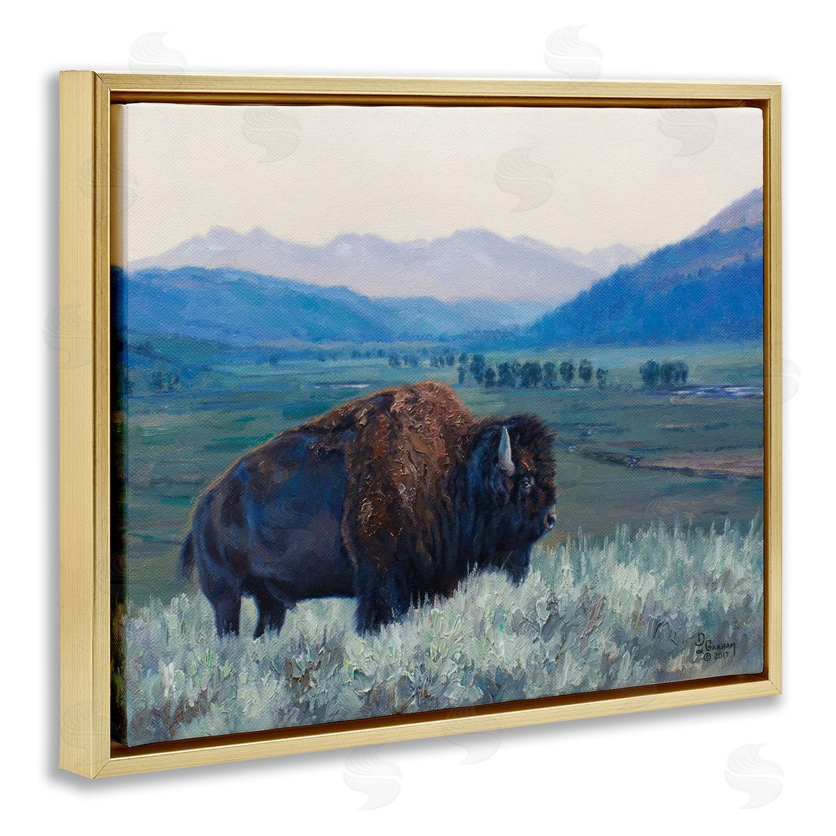 Bison and Country Mountains Gold Floating Frame Canvas Wall Art, Home Decor by David Graham