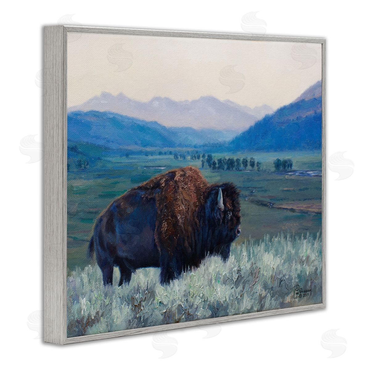 Bison and Country Mountains Grey Frame Print Wall Art, Home Decor by David Graham
