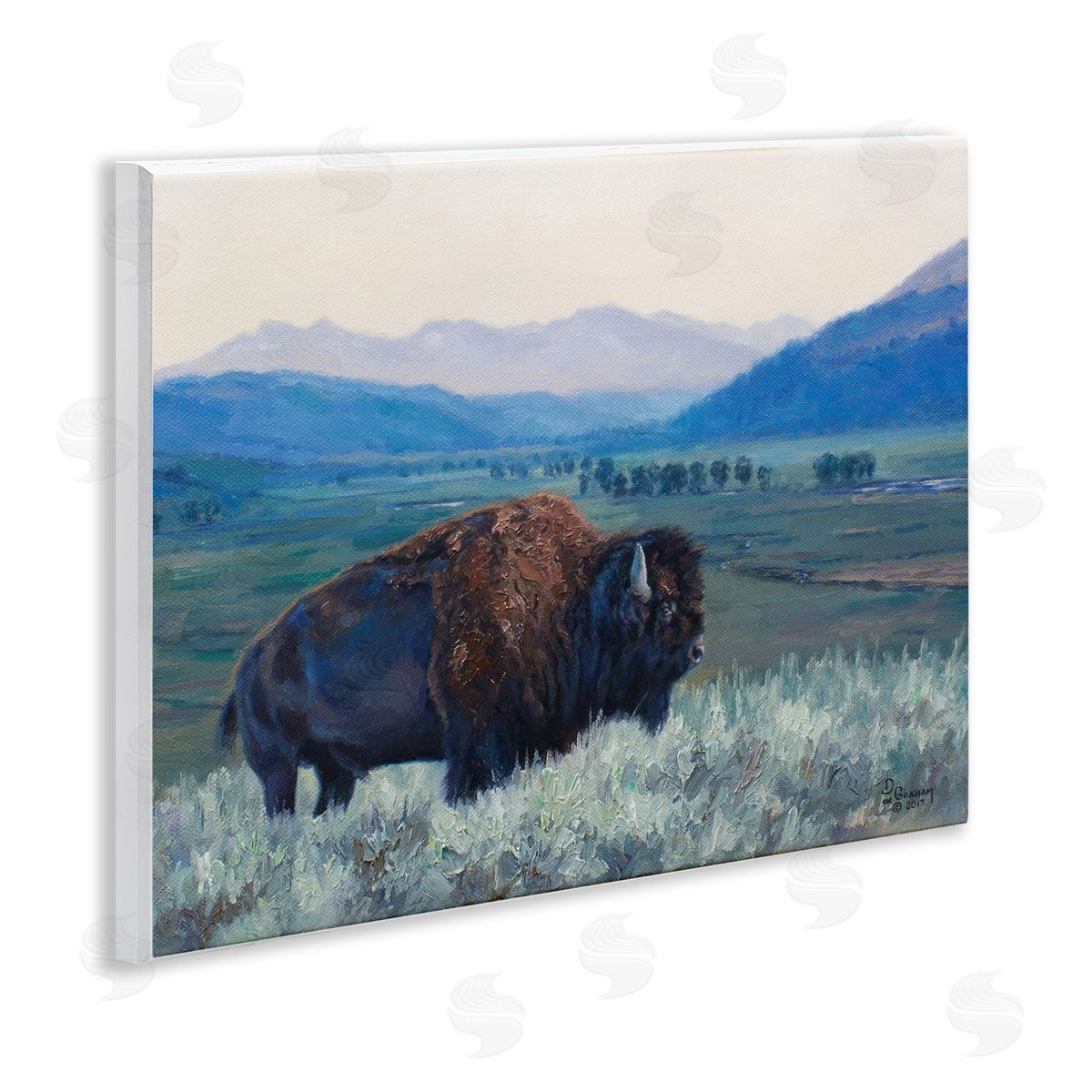 Bison and Country Mountains Wood Plaque Wall Art, Home Decor by David Graham