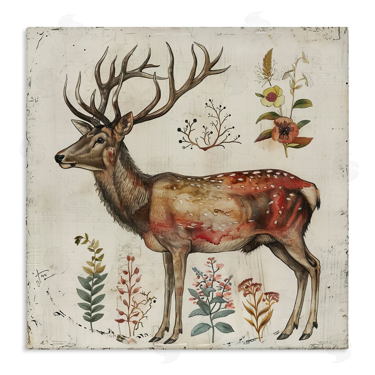 Forest Elk with Botanicals Canvas Wall Art, Home Decor by Lazar Studio
