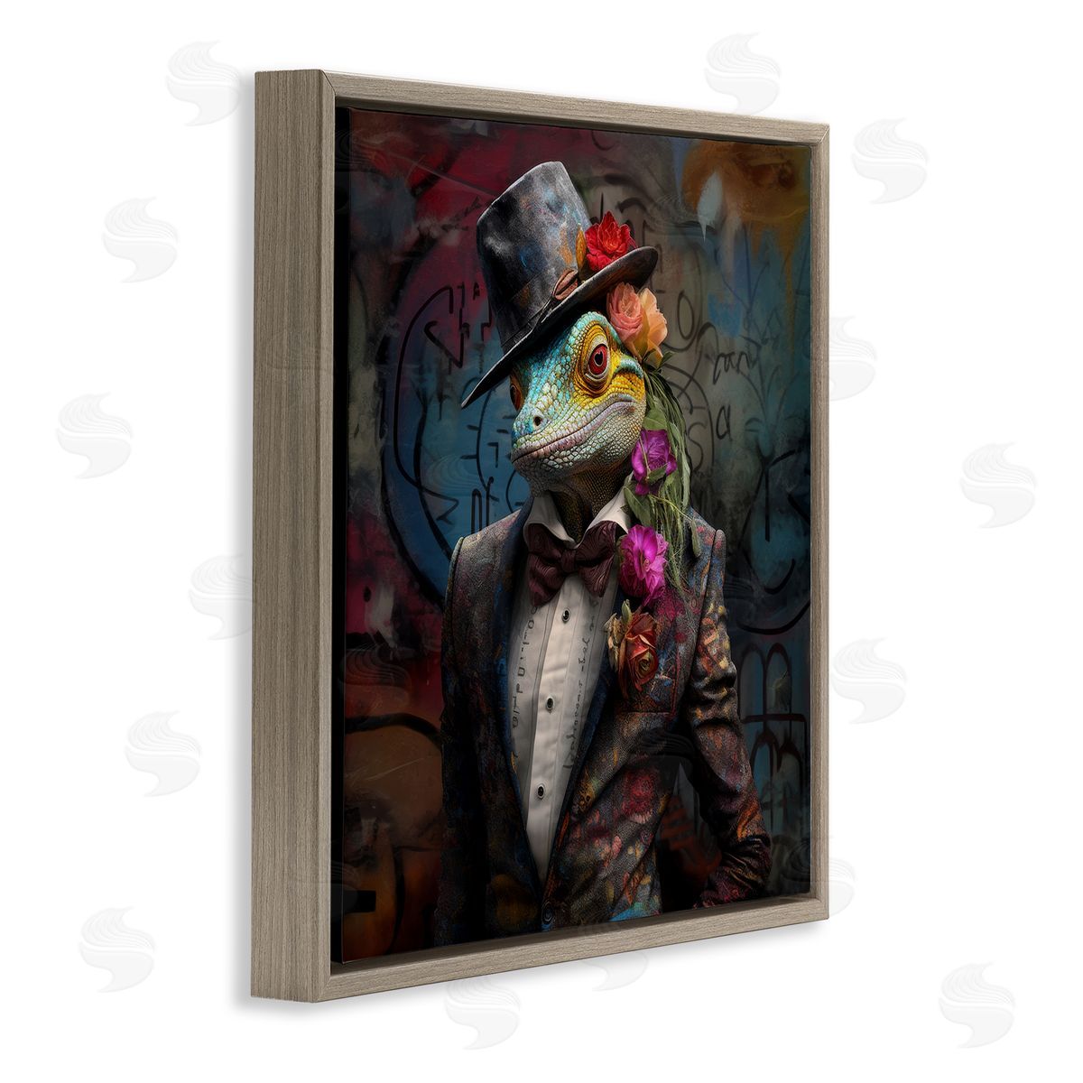 Urban Graffiti Lizard Brown Floating Frame Canvas Wall Art, Home Decor by Lazar Studio