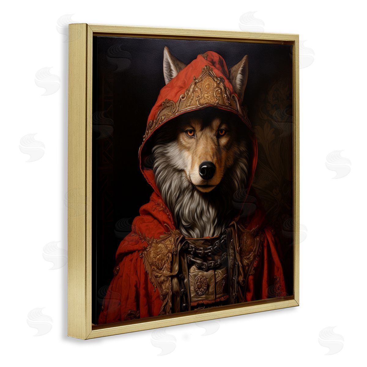 Wolf with Red Cloak Gold Floating Frame Canvas Wall Art, Home Decor by Lazar Studio