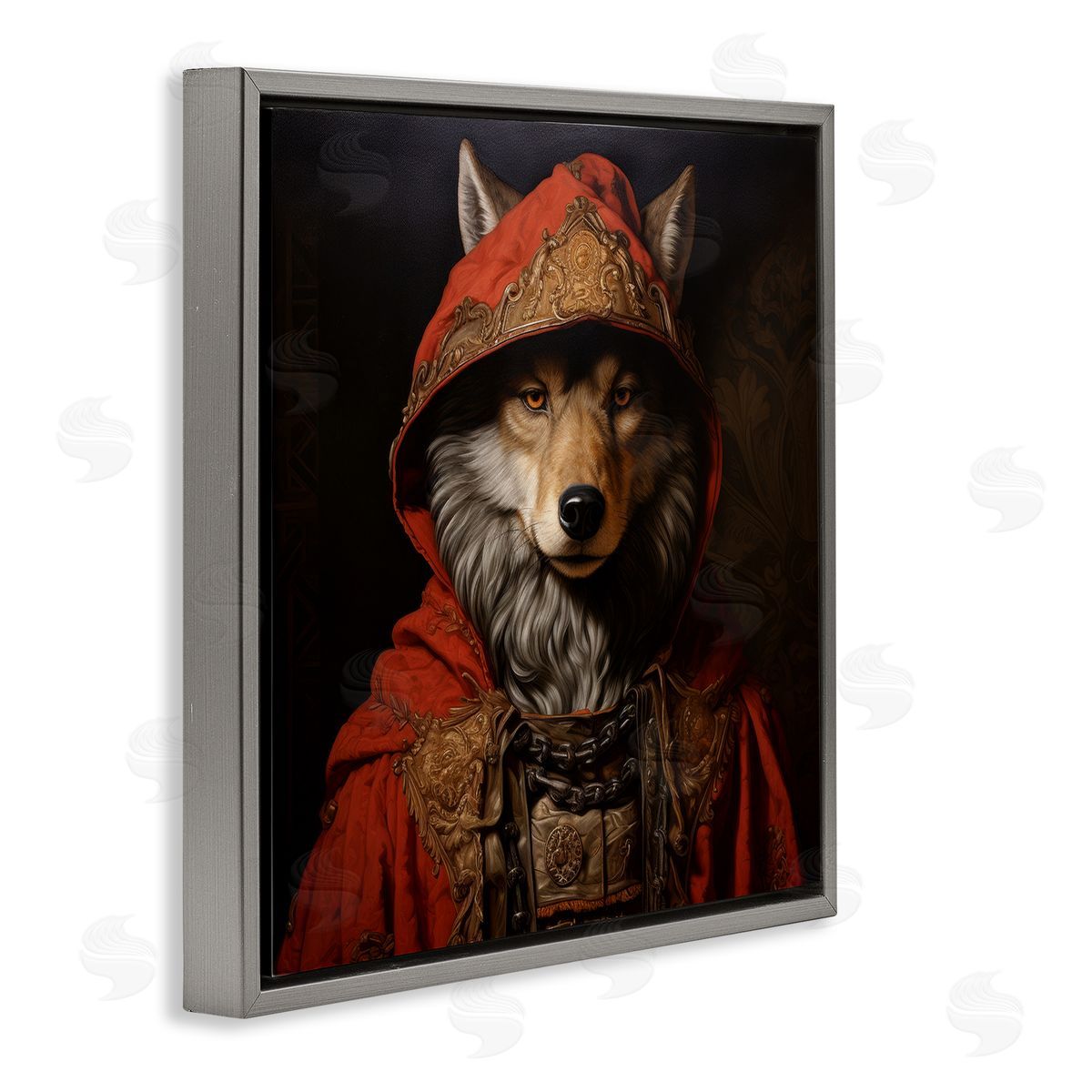 Wolf with Red Cloak Grey Floating Frame Canvas Wall Art, Home Decor by Lazar Studio
