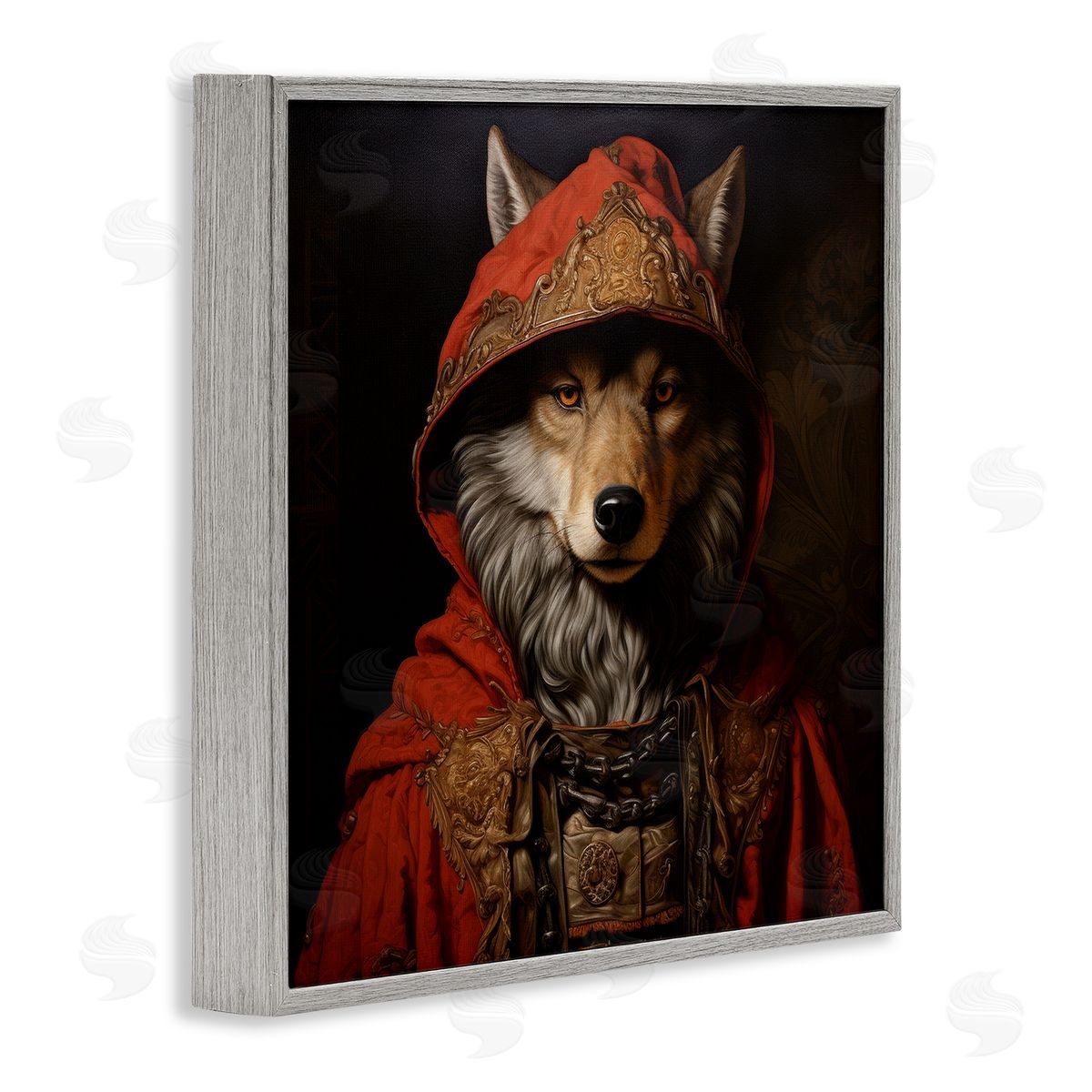 Wolf with Red Cloak Grey Frame Print Wall Art, Home Decor by Lazar Studio