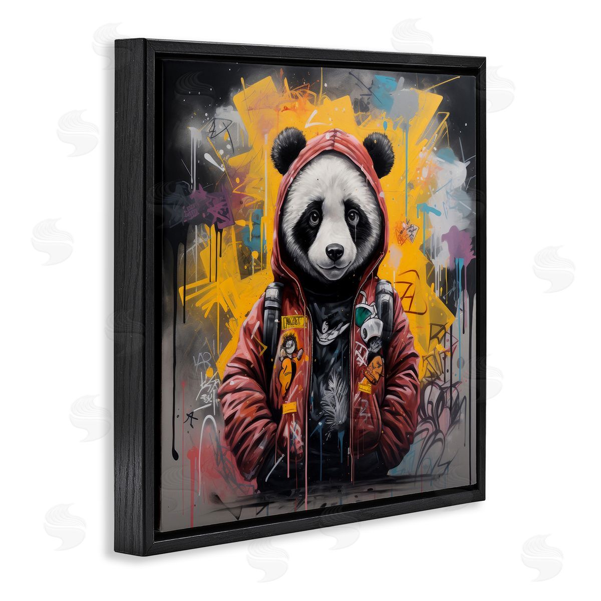 Urban Graffiti Panda Bear Black Floating Frame Canvas Wall Art, Home Decor by Lazar Studio