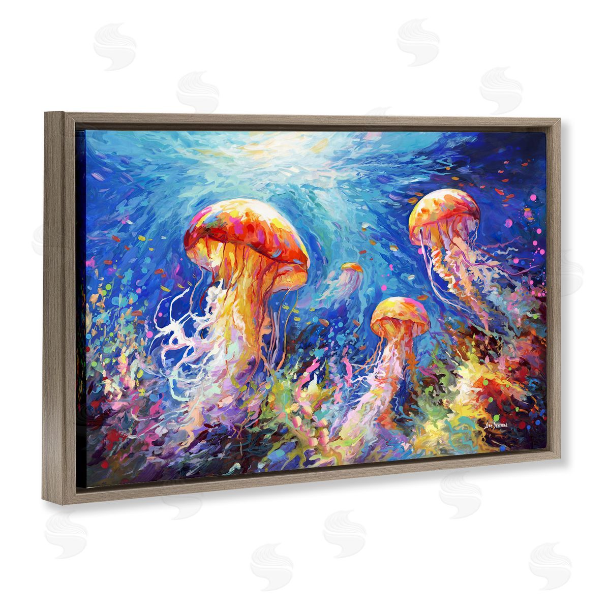Jellyfish Serenade Underwater Brown Floating Frame Canvas Wall Art, Home Decor by Leon Devenice