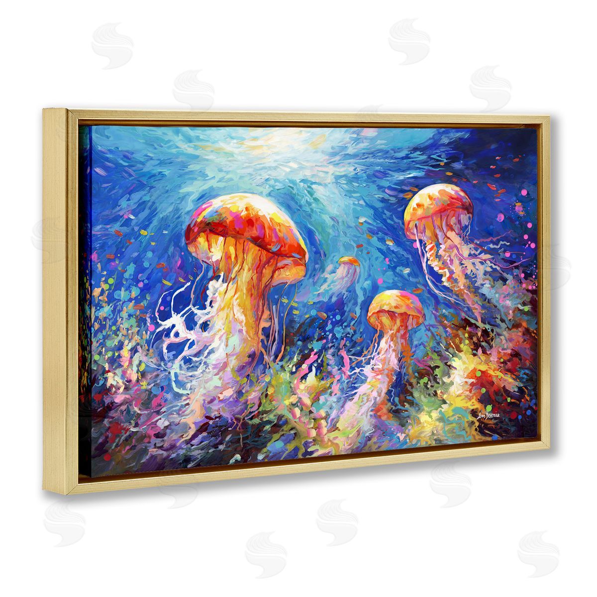 Jellyfish Serenade Underwater Gold Floating Frame Canvas Wall Art, Home Decor by Leon Devenice
