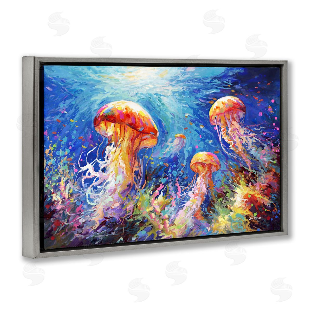 Jellyfish Serenade Underwater Grey Floating Frame Canvas Wall Art, Home Decor by Leon Devenice