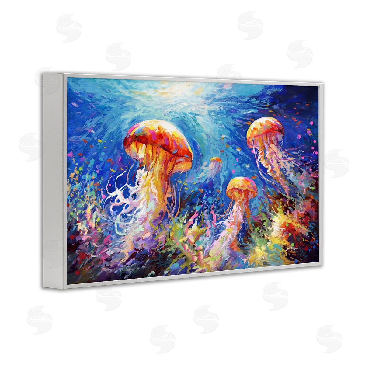 Jellyfish Serenade Underwater White Frame Print Wall Art, Home Decor by Leon Devenice