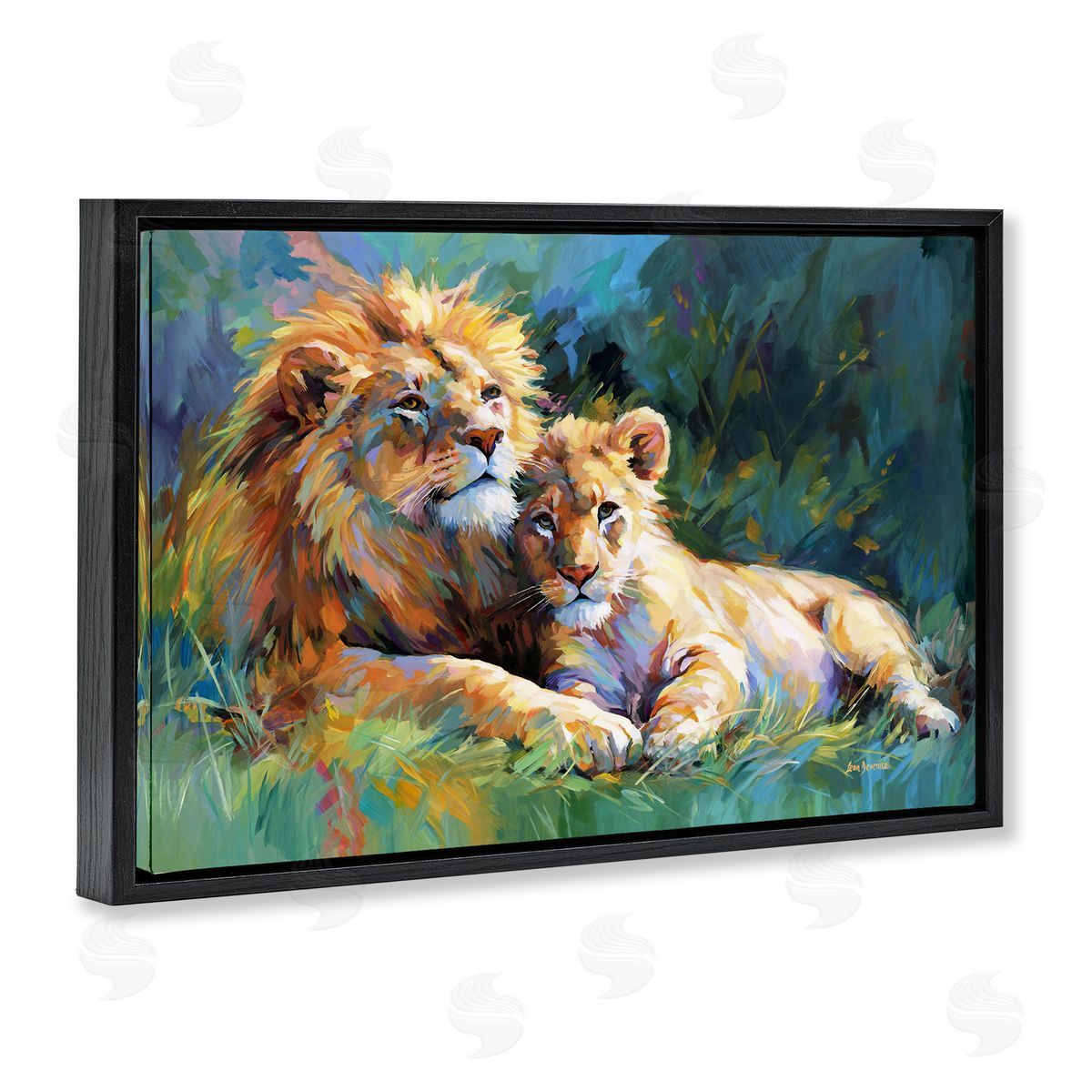 Lion's Embrace Portrait Black Floating Frame Canvas Wall Art, Home Decor by Leon Devenice