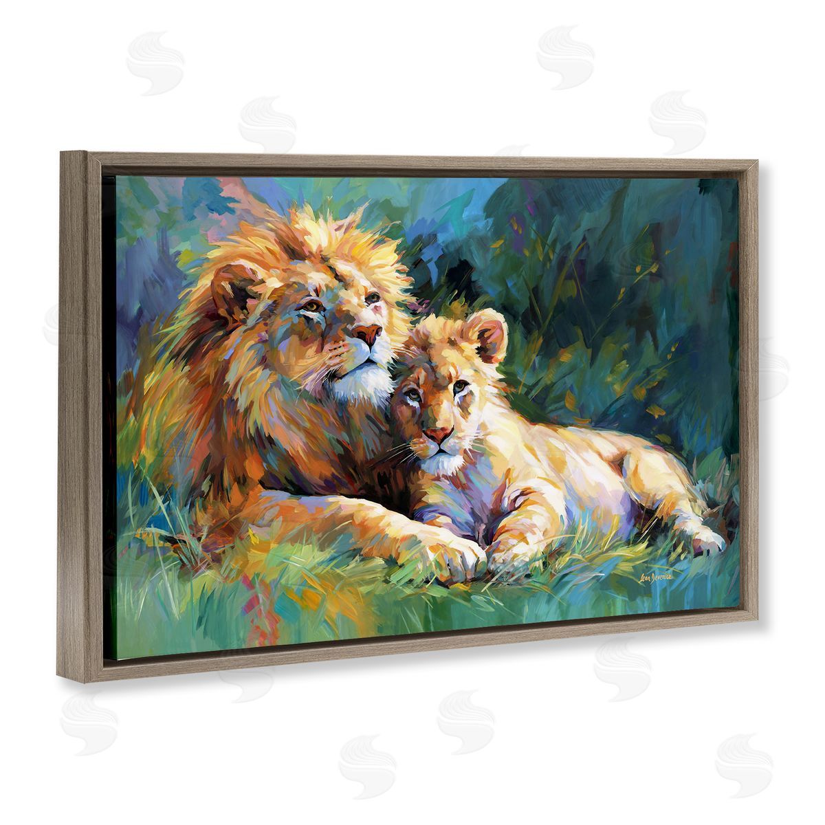 Lion's Embrace Portrait Brown Floating Frame Canvas Wall Art, Home Decor by Leon Devenice