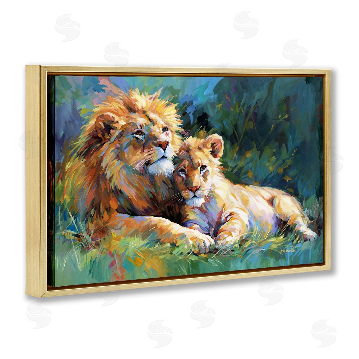 Lion's Embrace Portrait Gold Floating Frame Canvas Wall Art, Home Decor by Leon Devenice