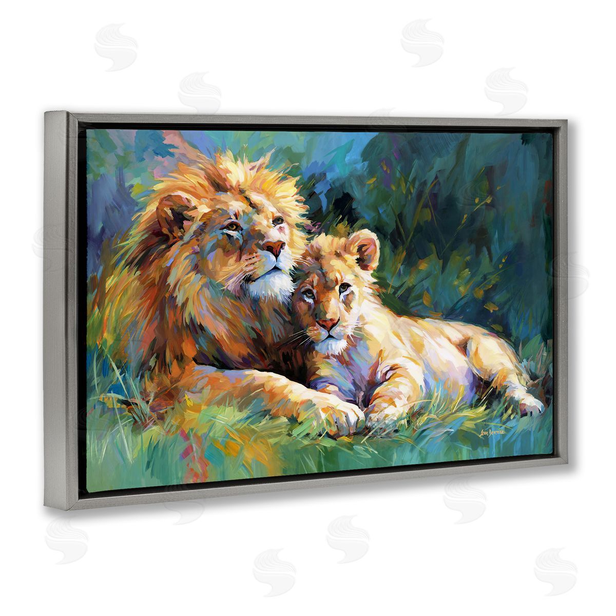 Lion's Embrace Portrait Grey Floating Frame Canvas Wall Art, Home Decor by Leon Devenice
