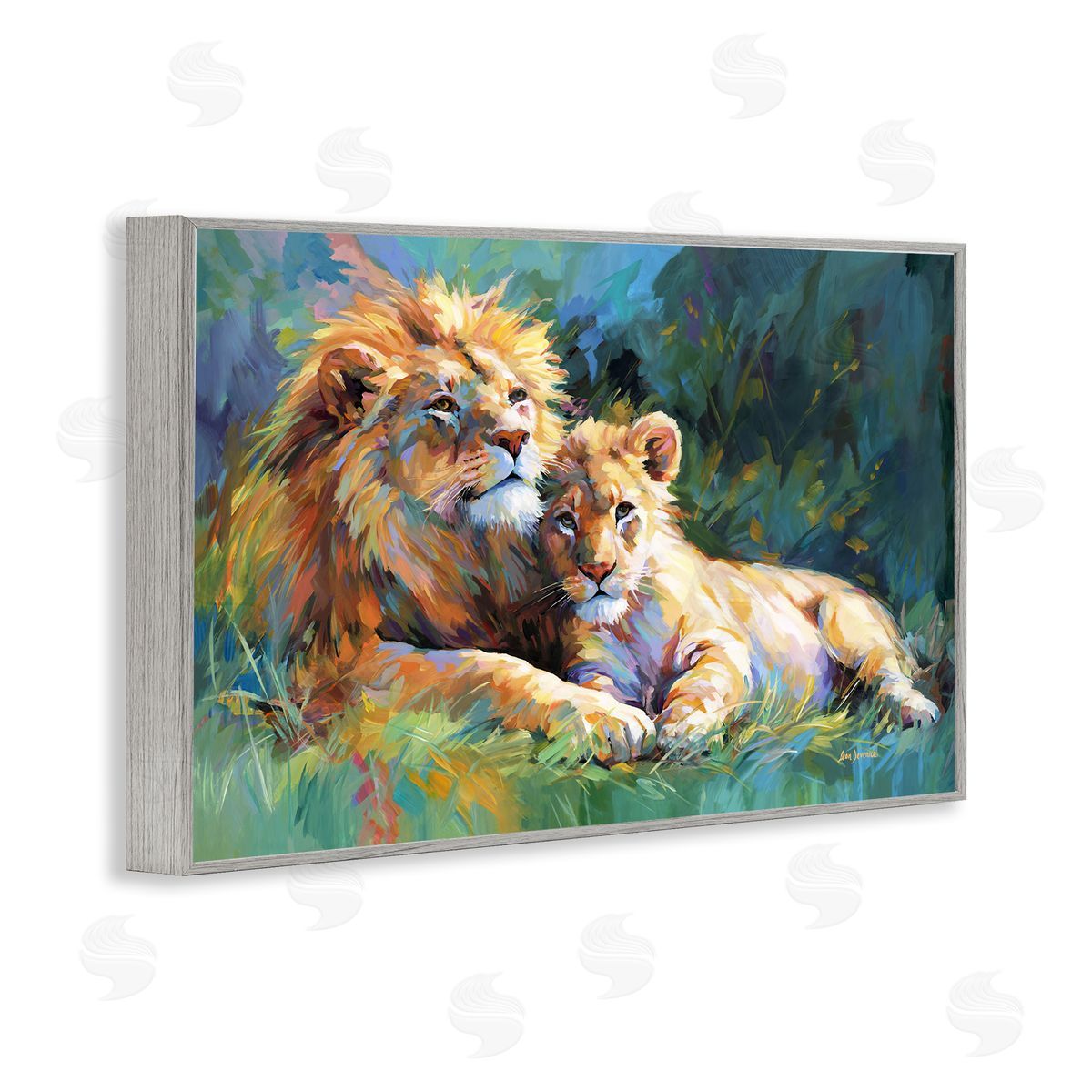 Lion's Embrace Portrait Grey Frame Print Wall Art, Home Decor by Leon Devenice