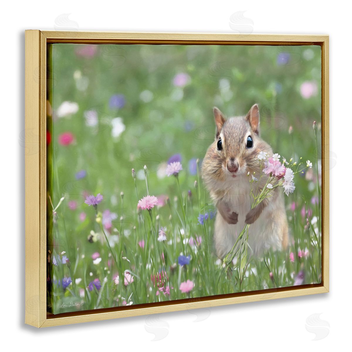 Chipmunk Picking Flowers Gold Floating Frame Canvas Wall Art, Home Decor by Lori Deiter