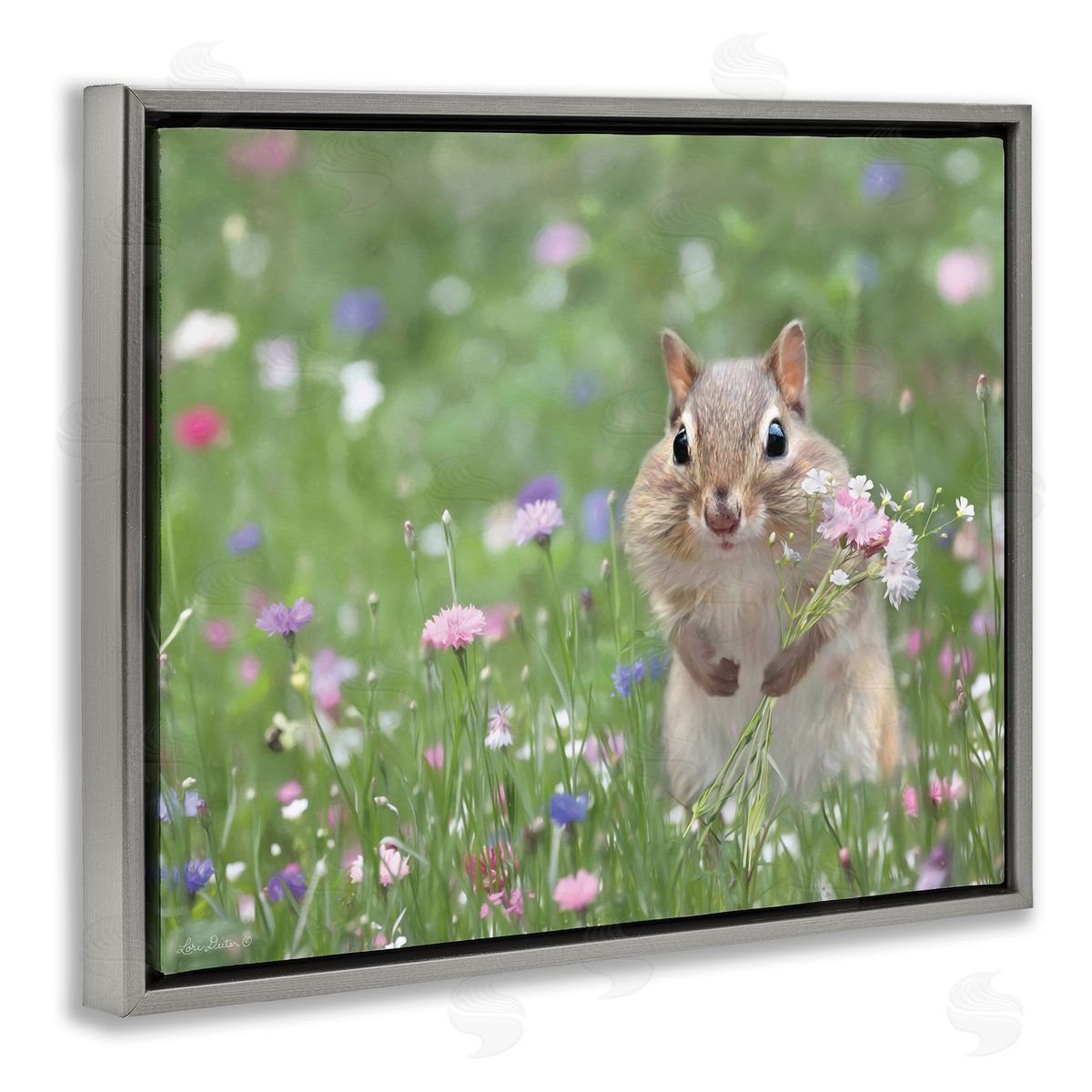 Chipmunk Picking Flowers Grey Floating Frame Canvas Wall Art, Home Decor by Lori Deiter