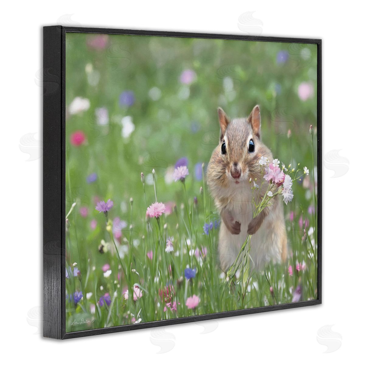 Chipmunk Picking Flowers Black Frame Print Wall Art, Home Decor by Lori Deiter