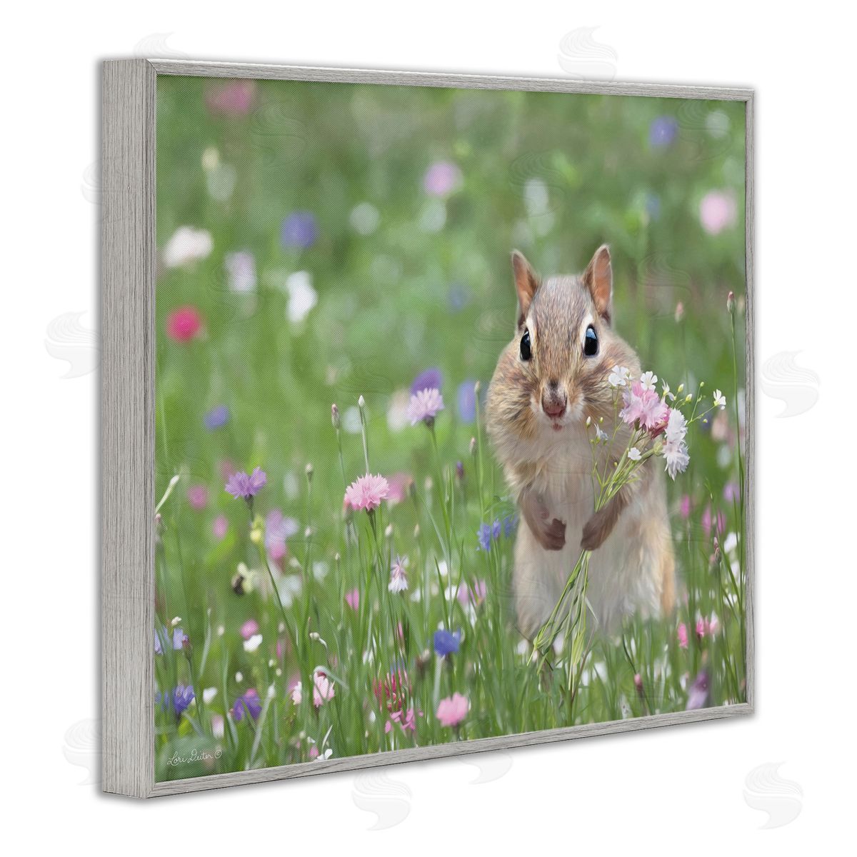 Chipmunk Picking Flowers Grey Frame Print Wall Art, Home Decor by Lori Deiter