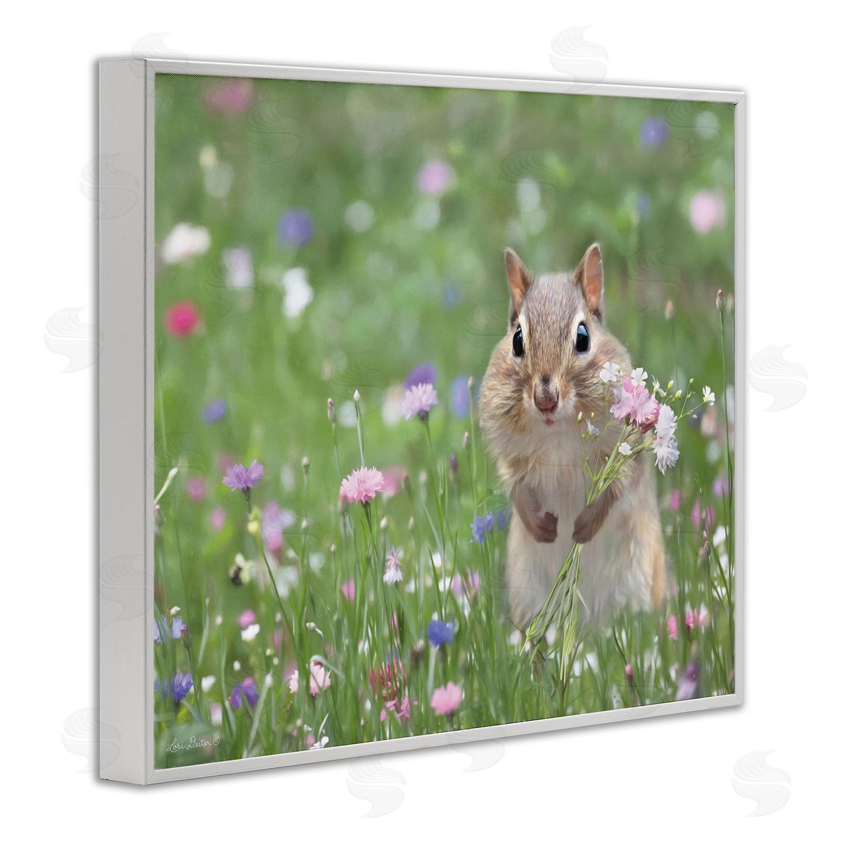 Chipmunk Picking Flowers White Frame Print Wall Art, Home Decor by Lori Deiter