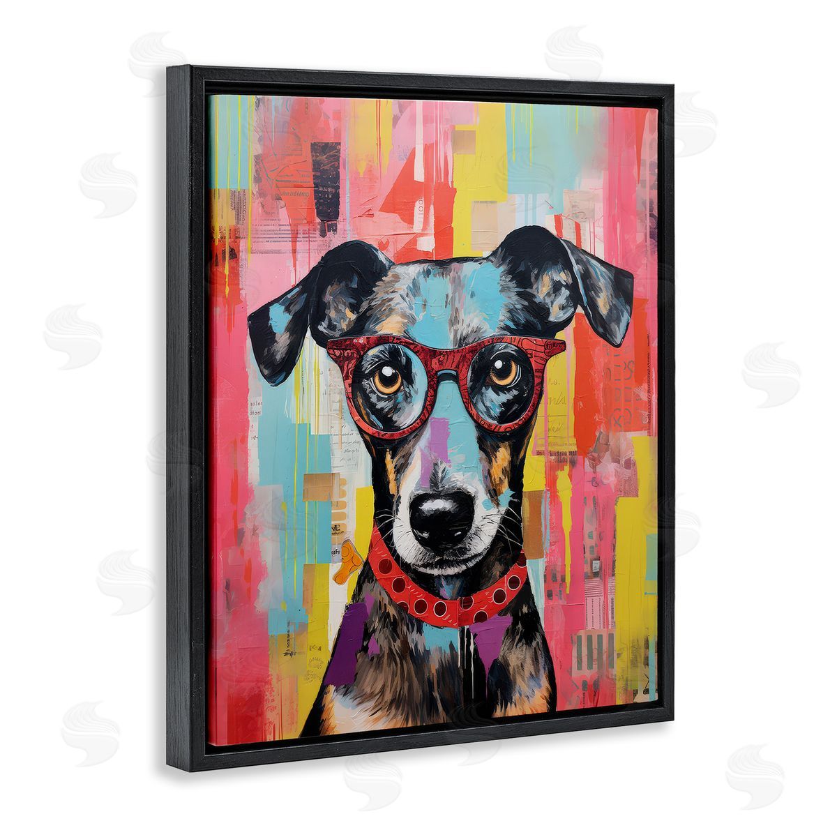 LSR Design Studio Quirky Spectacle Dog Black Floating Frame Canvas Wall Art Print
