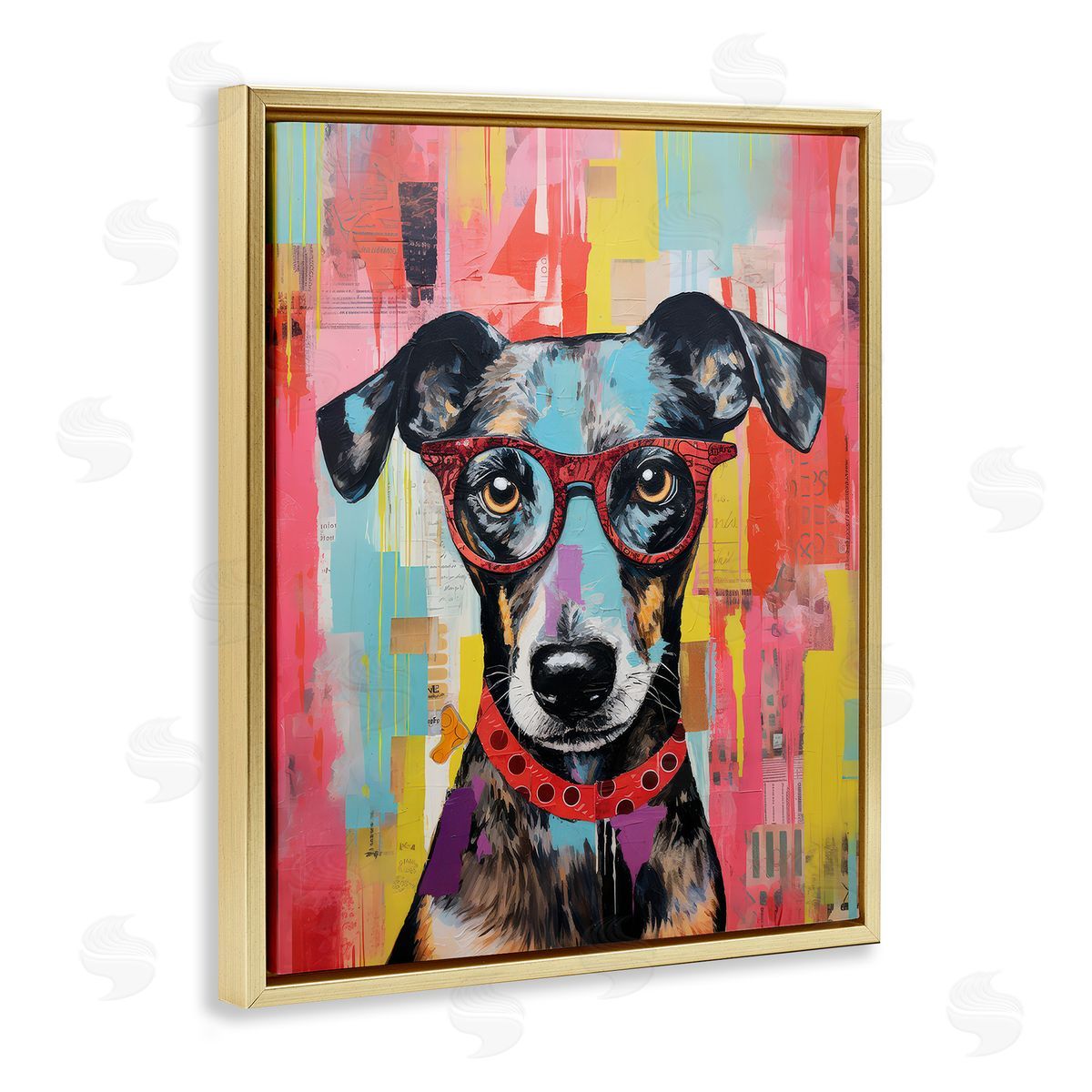 LSR Design Studio Quirky Spectacle Dog Gold Floating Frame Canvas Wall Art Print