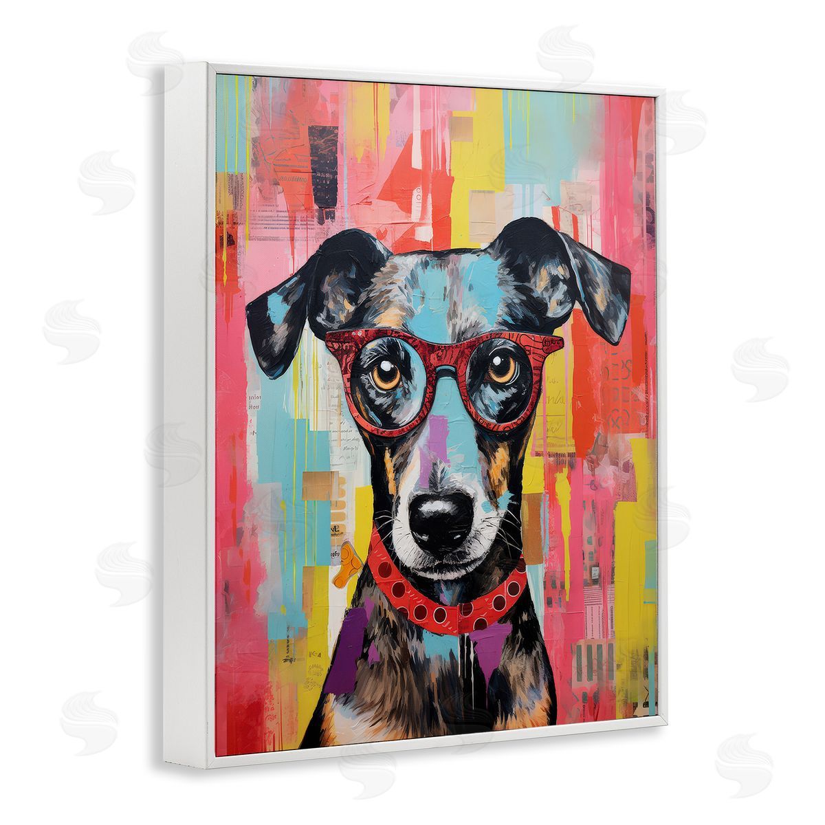 LSR Design Studio Quirky Spectacle Dog White Framed Giclee Wall Art Print