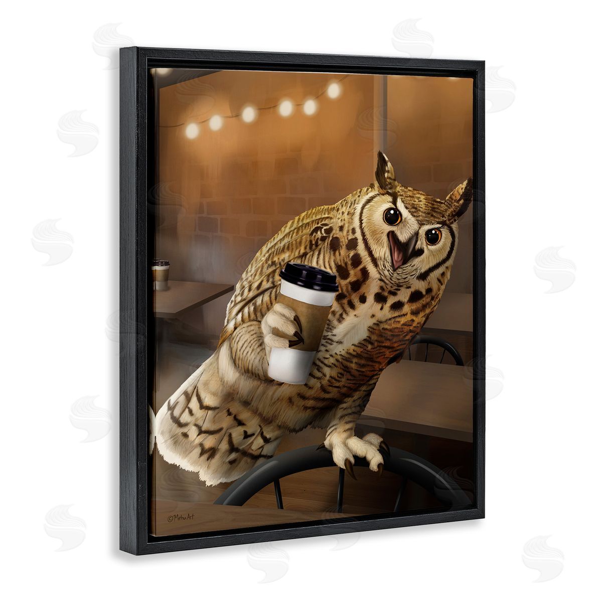 Owl with Coffee Cup Black Floating Frame Canvas Wall Art, Home Decor by Mehu Art