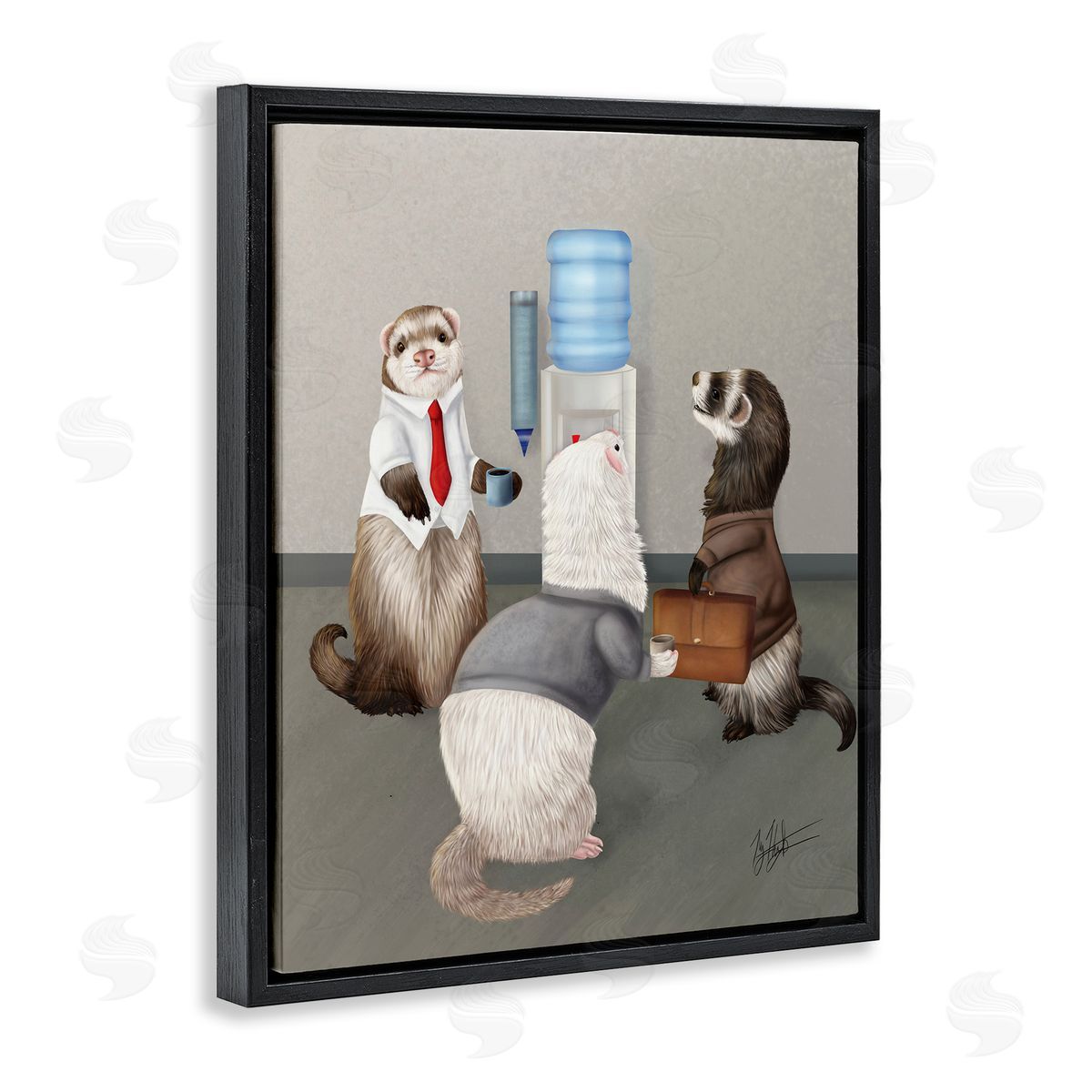 Office Ferrets Water Cooler Black Floating Frame Canvas Wall Art, Home Decor by Mehu Art