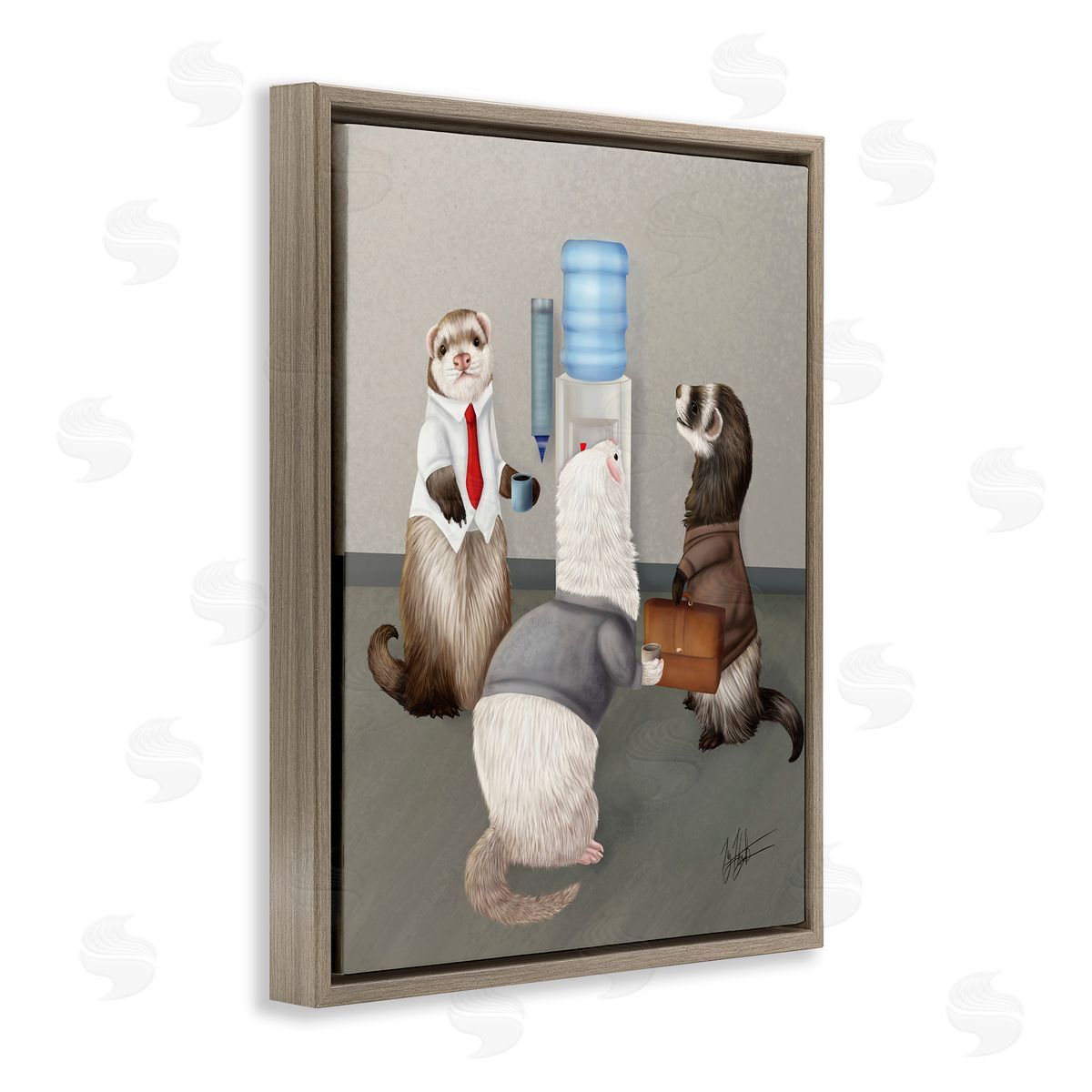 Office Ferrets Water Cooler Brown Floating Frame Canvas Wall Art, Home Decor by Mehu Art