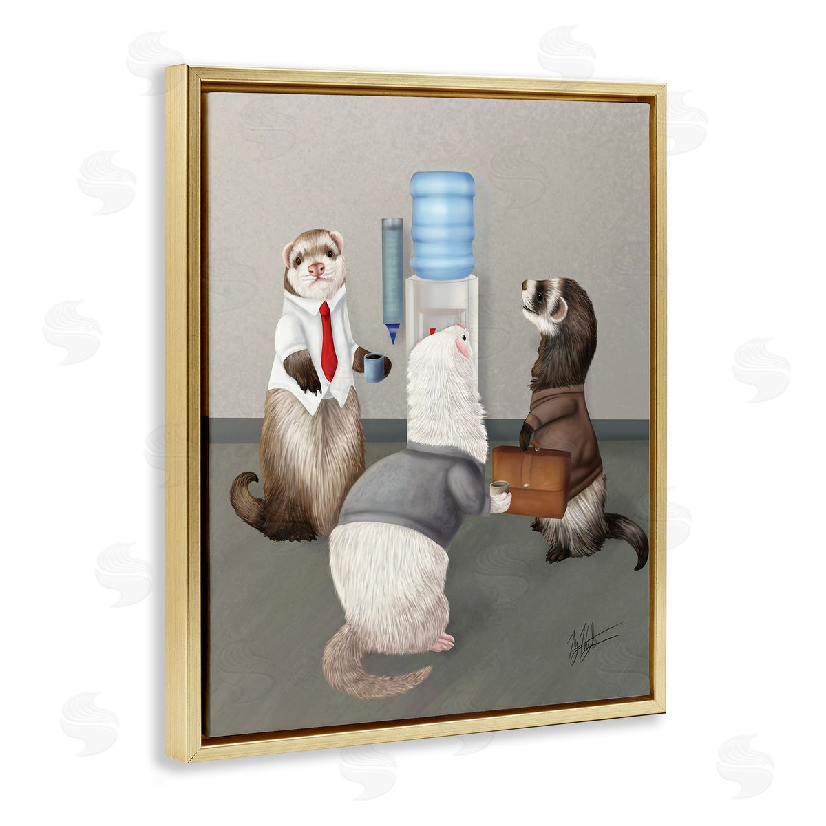 Office Ferrets Water Cooler Gold Floating Frame Canvas Wall Art, Home Decor by Mehu Art