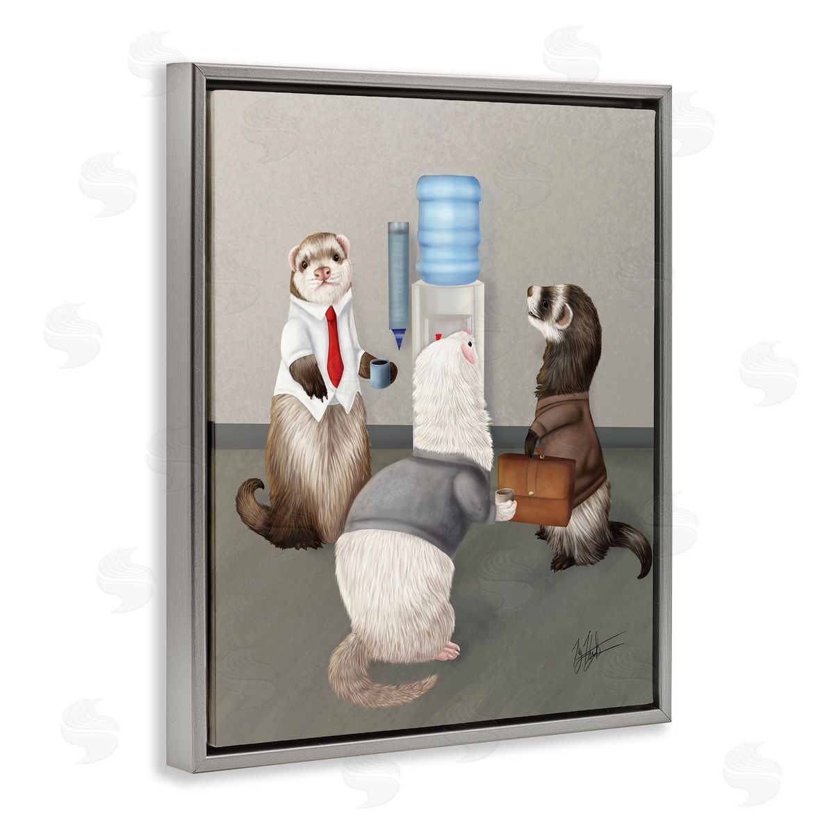 Office Ferrets Water Cooler Grey Floating Frame Canvas Wall Art, Home Decor by Mehu Art