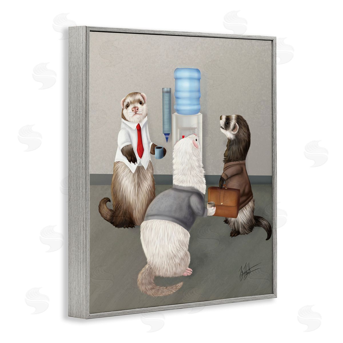 Office Ferrets Water Cooler Grey Frame Print Wall Art, Home Decor by Mehu Art