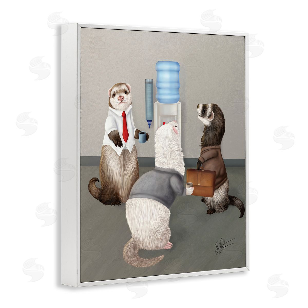 Office Ferrets Water Cooler White Frame Print Wall Art, Home Decor by Mehu Art