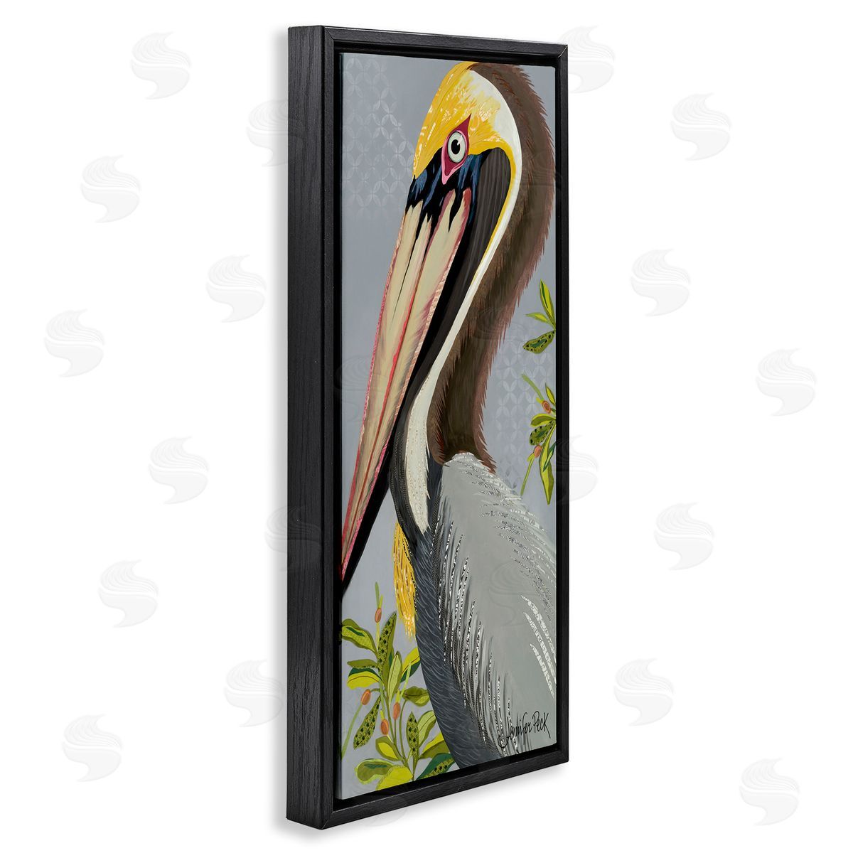 Pelican on Grey Black Floating Frame Canvas Wall Art, Home Decor by Jennifer Peck